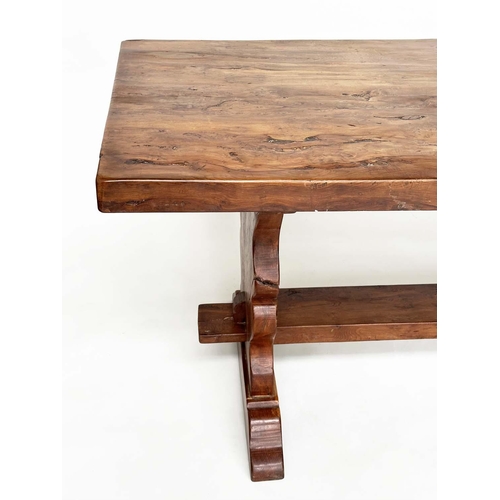 147 - YEWWOOD REFECTORY TABLE, rustic naturally patinated yewood rectangular twin plank with shaped trestl... 