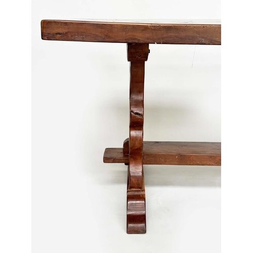 147 - YEWWOOD REFECTORY TABLE, rustic naturally patinated yewood rectangular twin plank with shaped trestl... 