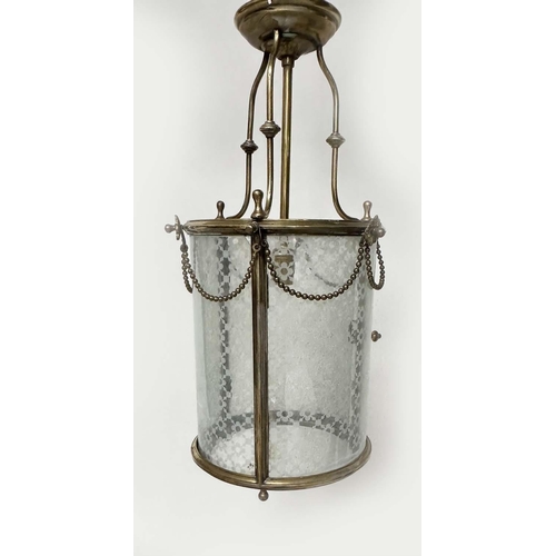 112 - HALL LANTERN, early 20th century brass cylindrical with door and glazed and frosted panels and brass... 