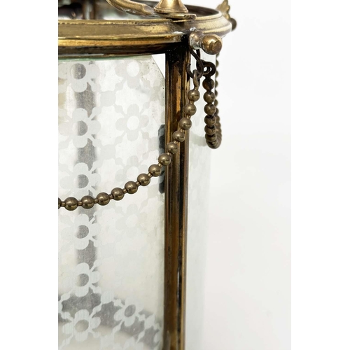 112 - HALL LANTERN, early 20th century brass cylindrical with door and glazed and frosted panels and brass... 