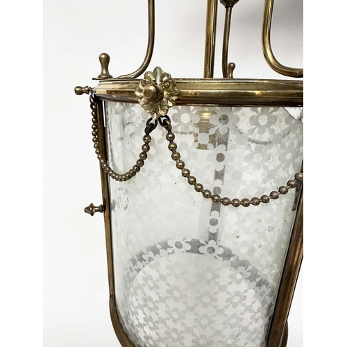 112 - HALL LANTERN, early 20th century brass cylindrical with door and glazed and frosted panels and brass... 