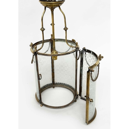 112 - HALL LANTERN, early 20th century brass cylindrical with door and glazed and frosted panels and brass... 