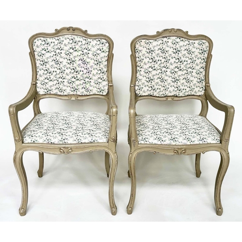 114 - FAUTEUILS, a pair, French Louis XV style grey painted with eucalyptus print linen upholstery. (2)