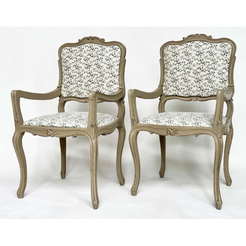 114 - FAUTEUILS, a pair, French Louis XV style grey painted with eucalyptus print linen upholstery. (2)