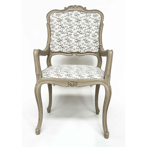 114 - FAUTEUILS, a pair, French Louis XV style grey painted with eucalyptus print linen upholstery. (2)