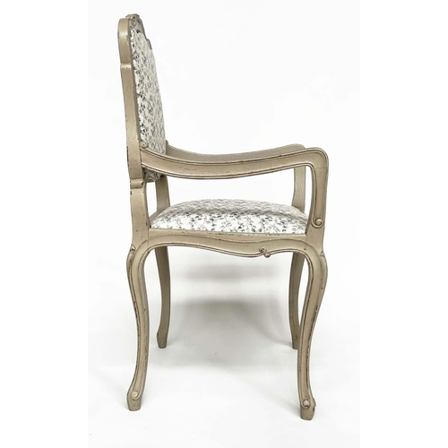 114 - FAUTEUILS, a pair, French Louis XV style grey painted with eucalyptus print linen upholstery. (2)