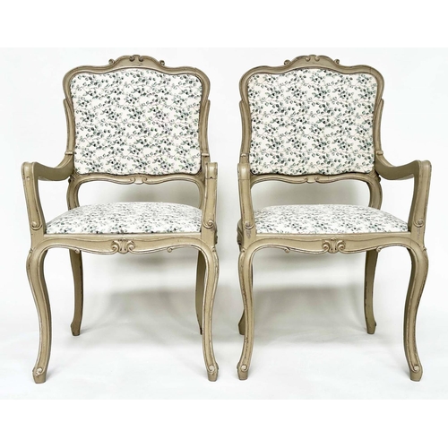 114 - FAUTEUILS, a pair, French Louis XV style grey painted with eucalyptus print linen upholstery. (2)