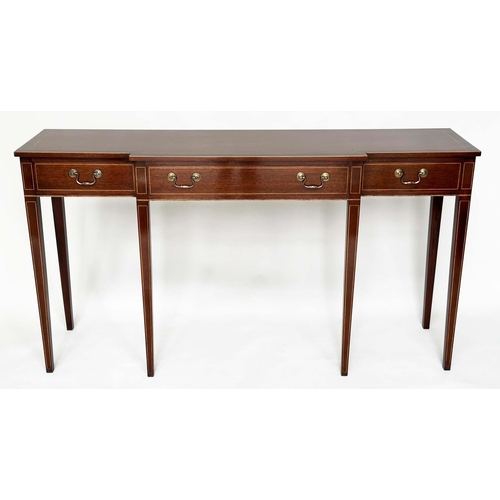 115 - HALL/CONSOLE TABLE, George III design mahogany and boxwood lined of breakfront form will three friez... 