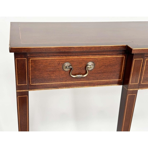 115 - HALL/CONSOLE TABLE, George III design mahogany and boxwood lined of breakfront form will three friez... 