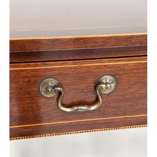 115 - HALL/CONSOLE TABLE, George III design mahogany and boxwood lined of breakfront form will three friez... 