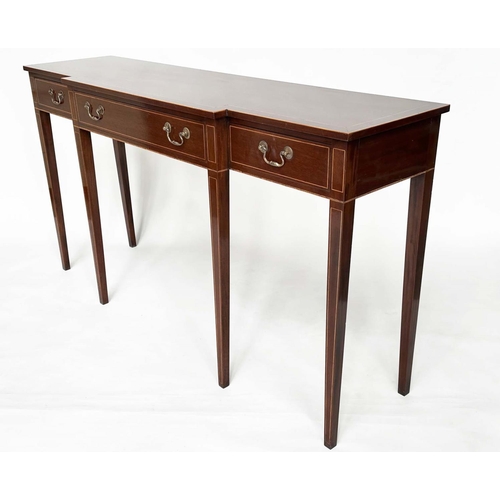 115 - HALL/CONSOLE TABLE, George III design mahogany and boxwood lined of breakfront form will three friez... 