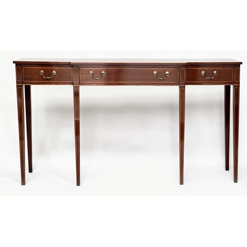 115 - HALL/CONSOLE TABLE, George III design mahogany and boxwood lined of breakfront form will three friez... 