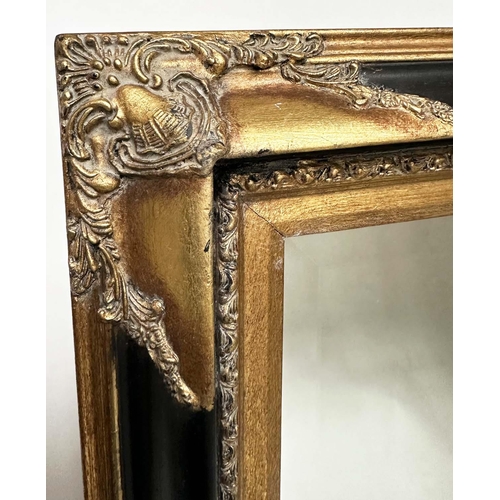 116 - WALL MIRROR, Italian style rectangular bevelled mirror with moulded black frame and gilt moulded cor... 