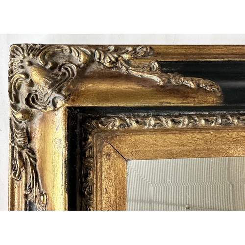 116 - WALL MIRROR, Italian style rectangular bevelled mirror with moulded black frame and gilt moulded cor... 