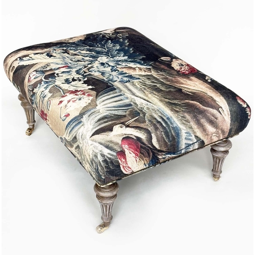 121 - HEARTH STOOL, rectangular tapestry style printed linen raised upon turned tapering bleached oak supp... 