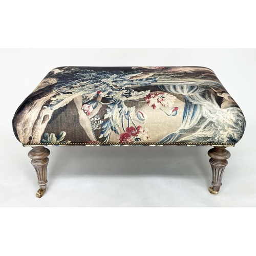 121 - HEARTH STOOL, rectangular tapestry style printed linen raised upon turned tapering bleached oak supp... 