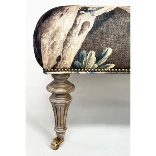 121 - HEARTH STOOL, rectangular tapestry style printed linen raised upon turned tapering bleached oak supp... 