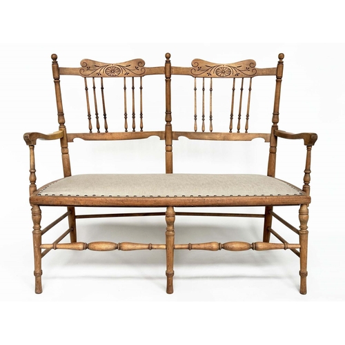 127 - HALL SEAT, early 20th century Edwardian fruitwood with turned and pierced spindle back and studded l... 