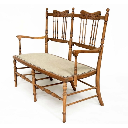 127 - HALL SEAT, early 20th century Edwardian fruitwood with turned and pierced spindle back and studded l... 