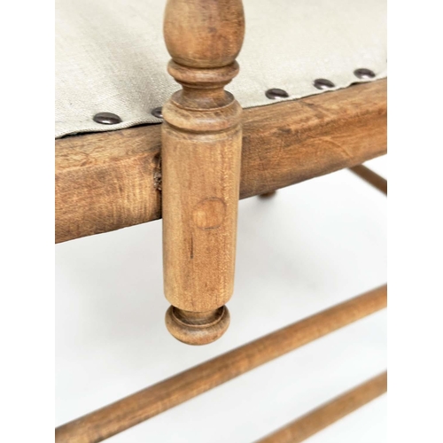 127 - HALL SEAT, early 20th century Edwardian fruitwood with turned and pierced spindle back and studded l... 