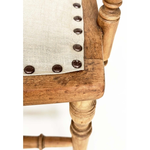 127 - HALL SEAT, early 20th century Edwardian fruitwood with turned and pierced spindle back and studded l... 