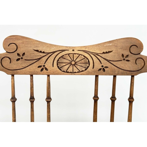 127 - HALL SEAT, early 20th century Edwardian fruitwood with turned and pierced spindle back and studded l... 