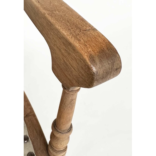 127 - HALL SEAT, early 20th century Edwardian fruitwood with turned and pierced spindle back and studded l... 