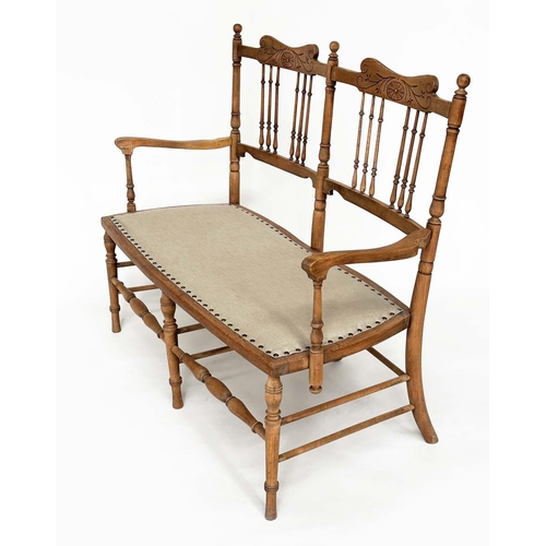 127 - HALL SEAT, early 20th century Edwardian fruitwood with turned and pierced spindle back and studded l... 