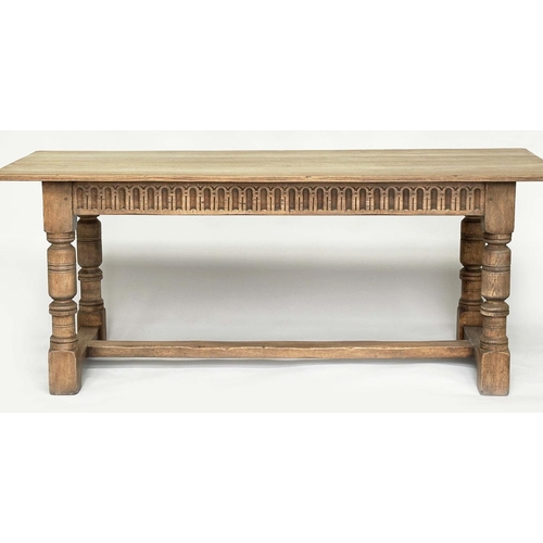 128 - REFECTORY DINING TABLE, early English style oak with turned stretchered support 183cm x 75cm H x 71c... 