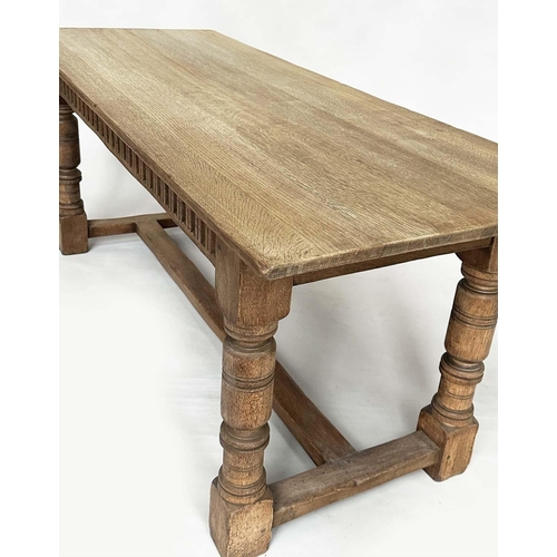 128 - REFECTORY DINING TABLE, early English style oak with turned stretchered support 183cm x 75cm H x 71c... 