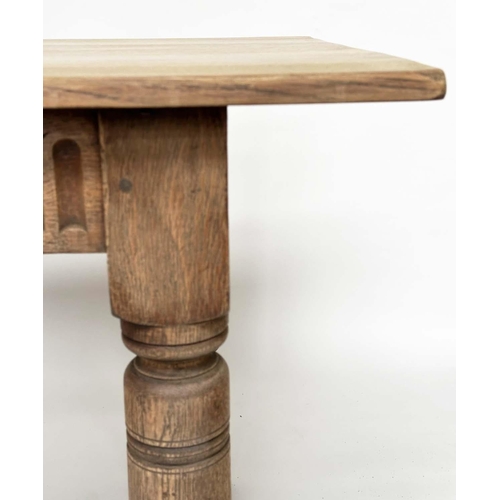 128 - REFECTORY DINING TABLE, early English style oak with turned stretchered support 183cm x 75cm H x 71c... 