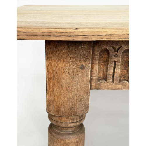 128 - REFECTORY DINING TABLE, early English style oak with turned stretchered support 183cm x 75cm H x 71c... 