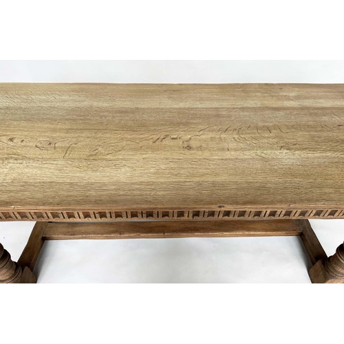 128 - REFECTORY DINING TABLE, early English style oak with turned stretchered support 183cm x 75cm H x 71c... 