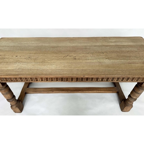 128 - REFECTORY DINING TABLE, early English style oak with turned stretchered support 183cm x 75cm H x 71c... 