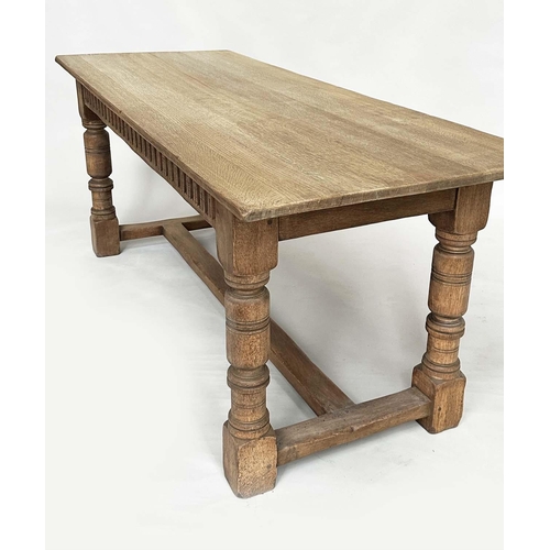 128 - REFECTORY DINING TABLE, early English style oak with turned stretchered support 183cm x 75cm H x 71c... 