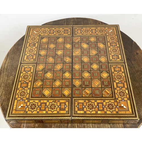 20 - FOLDING CHESSBOARD AND BACKGAMMON BOX, Islamic burr walnut boxwood and kingwood marquetry with mothe... 