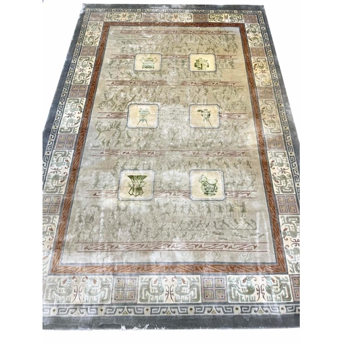 95 - CANTONESE ART DECO DESIGN SILK CARPET, 280cm x 190cm.