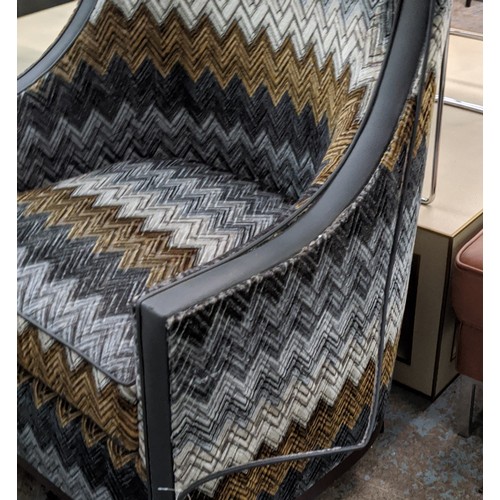 442 - WINGBACK ARMCHAIRS, a pair, bespoke made, chevron upholstery, with grey leather trim, 75cm x 67cm x ... 