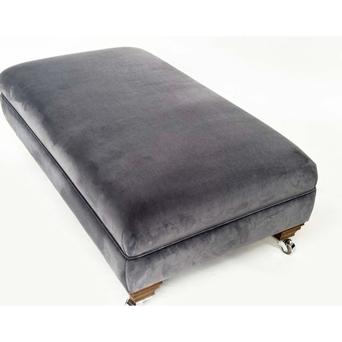 117 - HEARTH STOOL, rectangular grey piped velvet upholstered with shaped feet and castors, Edward Charles... 