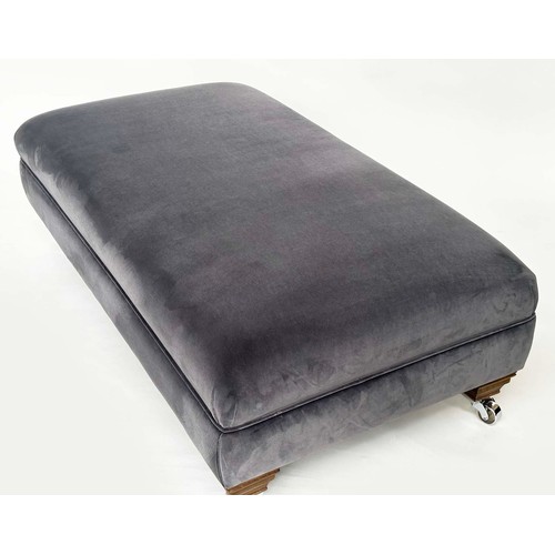 117 - HEARTH STOOL, rectangular grey piped velvet upholstered with shaped feet and castors, Edward Charles... 