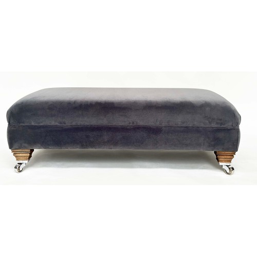 117 - HEARTH STOOL, rectangular grey piped velvet upholstered with shaped feet and castors, Edward Charles... 