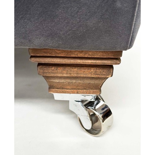 117 - HEARTH STOOL, rectangular grey piped velvet upholstered with shaped feet and castors, Edward Charles... 