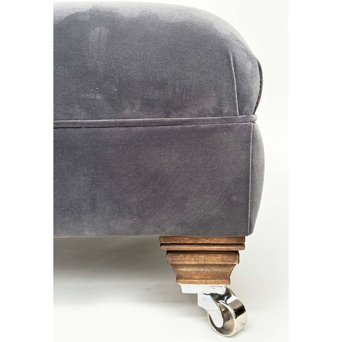 117 - HEARTH STOOL, rectangular grey piped velvet upholstered with shaped feet and castors, Edward Charles... 