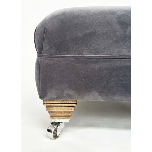 117 - HEARTH STOOL, rectangular grey piped velvet upholstered with shaped feet and castors, Edward Charles... 