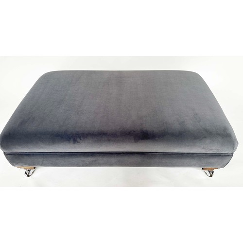 117 - HEARTH STOOL, rectangular grey piped velvet upholstered with shaped feet and castors, Edward Charles... 