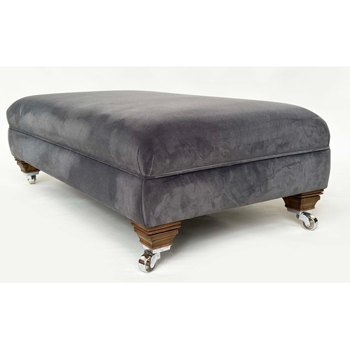 117 - HEARTH STOOL, rectangular grey piped velvet upholstered with shaped feet and castors, Edward Charles... 