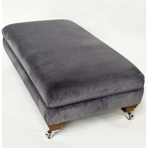 117 - HEARTH STOOL, rectangular grey piped velvet upholstered with shaped feet and castors, Edward Charles... 