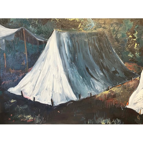 75 - CONTEMPORARY SCHOOL, 'At camp', oil on canvas, 91cm x 122cm.