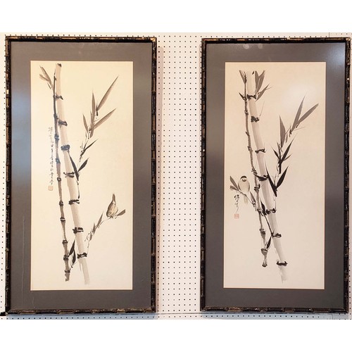 28 - RONG YUAN, 'Birds and bamboo', a pair, woodblock, 80cm x 35cm, framed. (2)