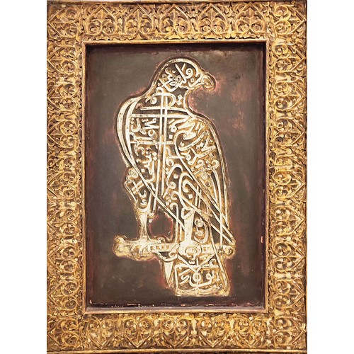 23 - ZOOMORPHIC CALLIGRAPHIC PANEL, carved wood and metal depicting an eagle, 122cm x 90cm.